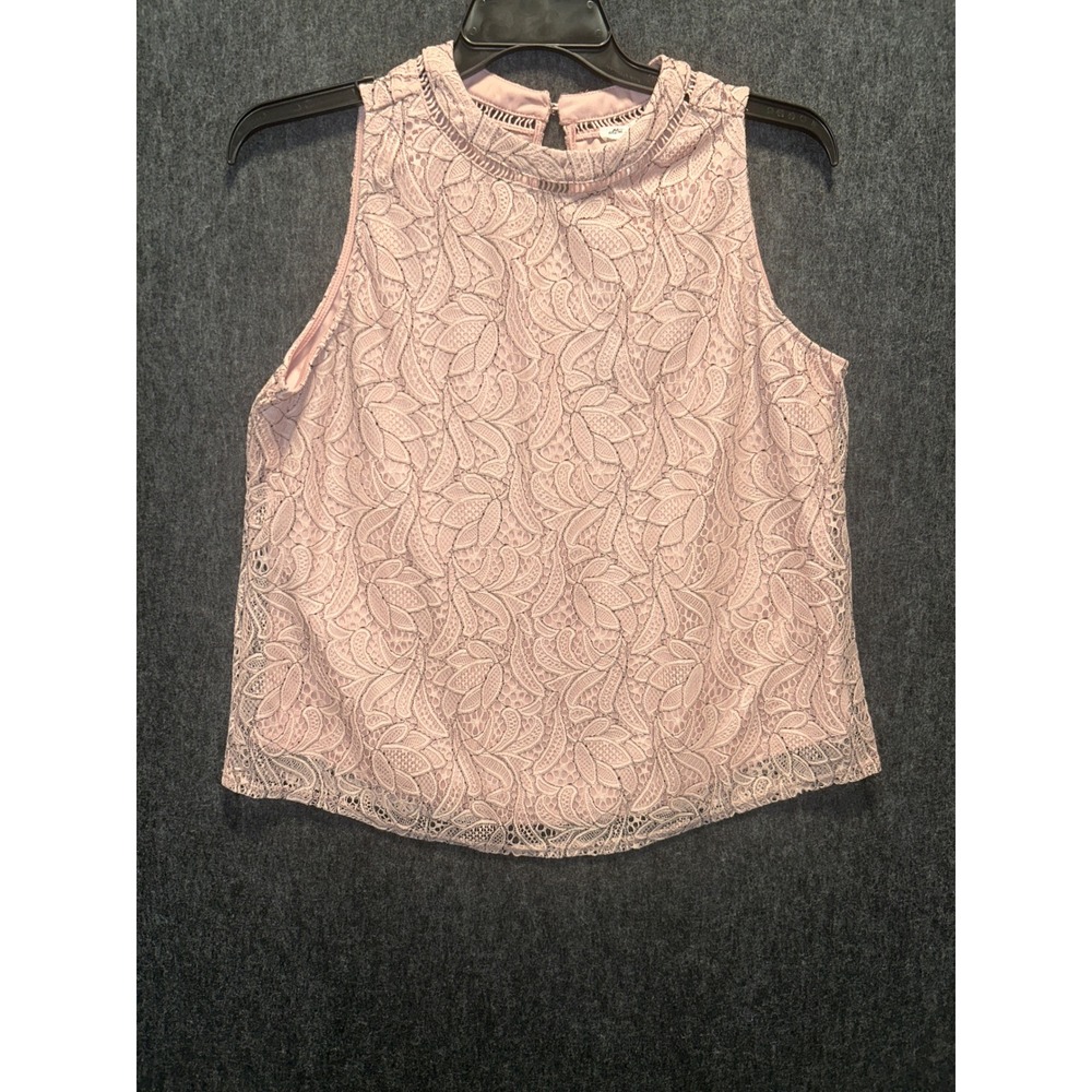 Ultra Pink Lace Blouse Women L Pink Mock Neck Sleeveless Floral Scalloped Hem